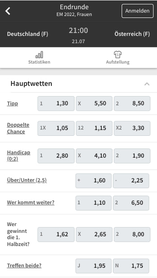 Quoten im Vergleich für Deutschland - Österreich bei der Frauen-EM 2022 in der Tipico App für Android & iPhone