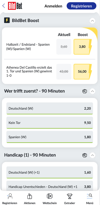 Top-Quotenboosts für Deutschland gegen Spanien bei der Frauen-EURO 2022 in der BildBet App für Android & iPhone