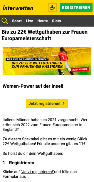 Kostenloses Guthaben zur Frauen-EURO 2022 in der Interwetten App für Android & iPhone