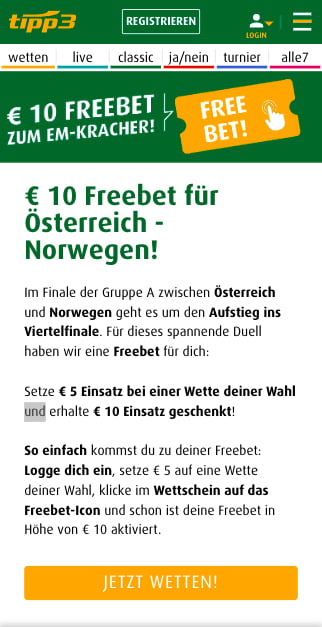 10 Euro Freebet für Österreich - Norwegen in der Tipp3 App für Android & iPhone sichern