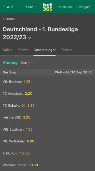 Absteiger-Wettquoten der Deutschen Bundesliga 2022/23 in der Bet365 App für Android & iPhone