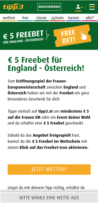 Freebet für England - Österreich bei der Frauen-EURO in der Tipp3 App für Android & iPhone