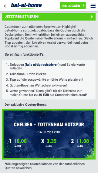 Quotenboost für Chelsea - Tottenham in der bet-at-home App für Android & iPhone
