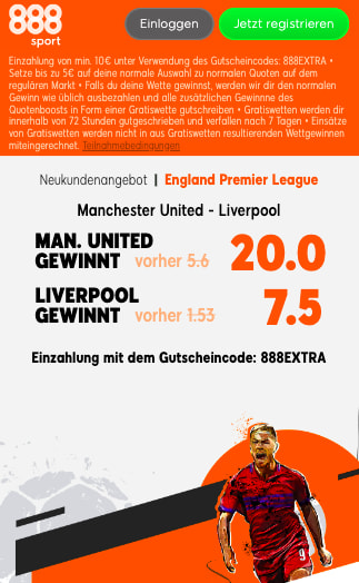 Quotenboost für Manchester United - Liverpool in der 888sport App für Android & iPhone