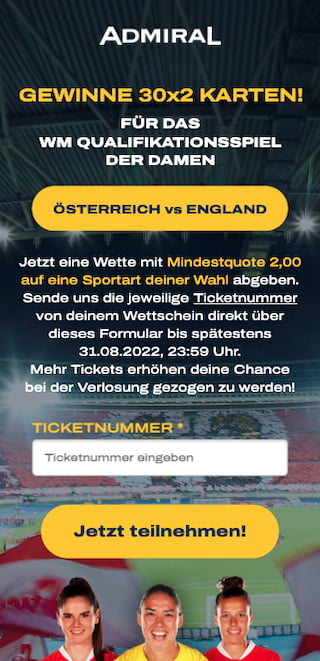 30x2 Tickets für Österreich - England in der Frauen-WM 2023 Quali mit der ADMIRAL App für Android & iPhone gewinnen