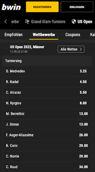 US Open 2022 Wetten & Quoten im Vergleich in der Bwin App für Android & iPhone