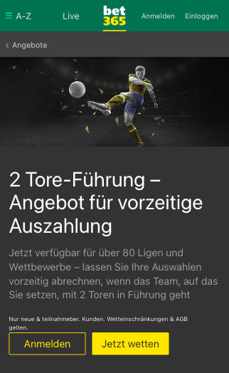 Vorzeitige Auszahlung bei einer 2-Tore-Führung in der Bet365 App für Android & iPhone