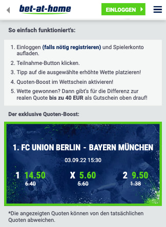 Quotenboost für Union Berlin - Bayern München in der bet-at-home App für Android & iPhone