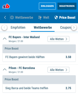 Quotenboost für Bayern München - Inter Mailand in der Sportingbet App für Android & iPhone