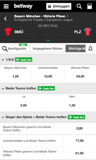 Wetten und Quoten für Bayern München gegen Viktoria Pilsen in der Betway App für Android & iPhone