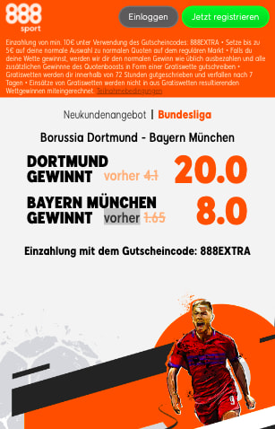 Quotenboost für BVB - FC Bayern in der 888sport App für Android & iPhone