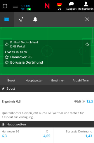 Quotenboost für Hannover96 gegen Borussia Dortmund im DFB-Pokal mit der Neobet App für Android & iPhone