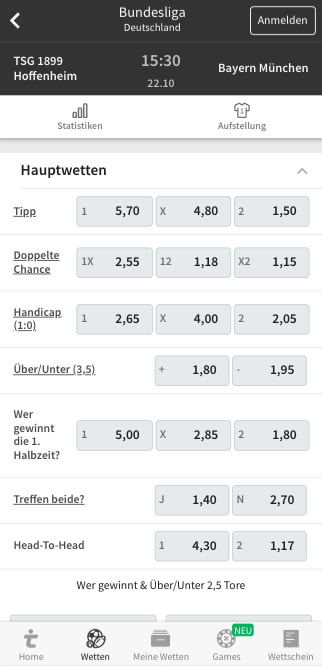 Wetten und Quoten für Hoffenheim - Bayern München in der Tipico App für Android & iPhone im Vergleich