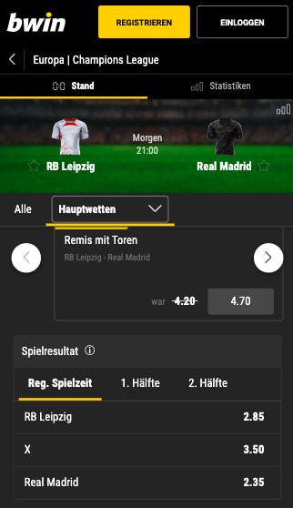 Vergleich der Wettquoten von RB Leipzig - Real Madrid in der Bwin App für Android & iPhone