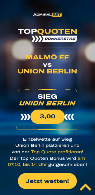 Top-Quote am Donnerstag für Malmö FF - Union Berlin in der ADMIRALBET App für Android & iPhone