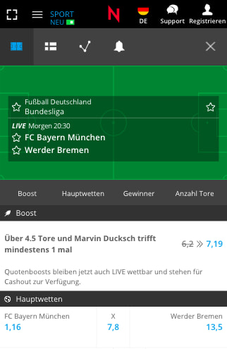 Quotenboost für Bayern München - Werder Bremen in der Neobet App für Android & iPhone