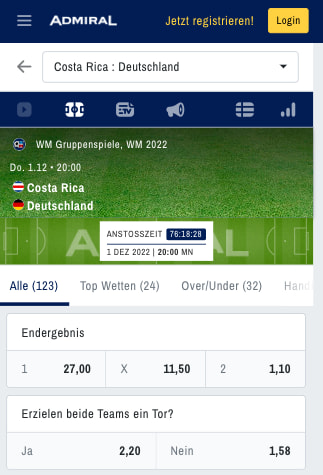 Vergleich der Wettquoten für Costa Rica gegen Deutschland in der ADMIRAL App für Android & iPhone