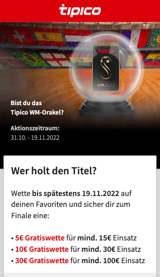 Gratiswette mit dem WM 2022 Orakel in der Tipico App für Android & iPhone sichern