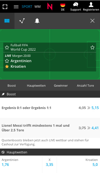 Quotenboost für Argentinien vs. Kroatien in der Neobet App für Android & iPhone