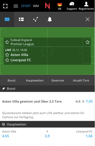 Quotenboost für Aston Villa vs. Liverpool in der Neobet App für Android & iPhone