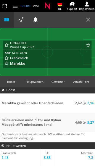 Frankreich gegen Marokko mit Quotenboost in der Neobet App für Android & iPhone