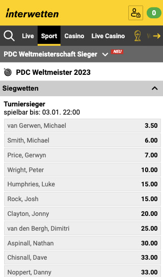 Wetten und Quoten für die PDC Weltmeisterschaft 2023 im Darts in der Interwetten App für Android & iPhone