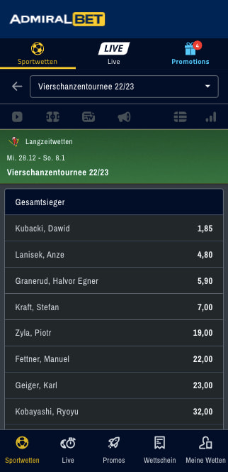 Wetten & Quoten für den Vierschanzentournee Sieger 2022/23 in der ADMIRALBET App