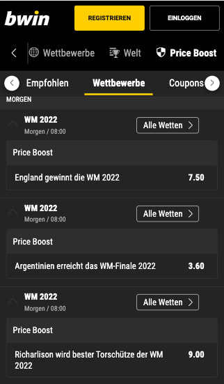 Langzeit Quotenboosts bei der WM 2022 in der Bwin App für Android & iPhone