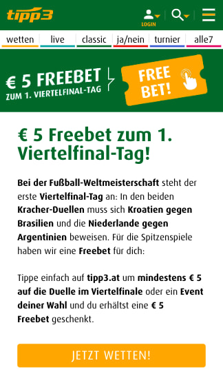 € 5 Freebet am 1. WM-Viertelfinaltag in der Tipp3 App für Android & iPhone