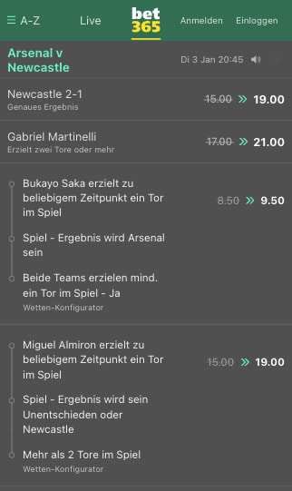 Top-Quoten & Quotenboosts für Arsenal vs. Newcastle in der Bet365 App für Android & iPhone