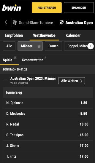 Top-Quoten für die Australian Open 2023 in der Bwin App für Android & iPhone