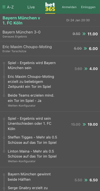 Quotenboosts für Bayern München - FC Köln in der Bet365 App für Android & iPhone