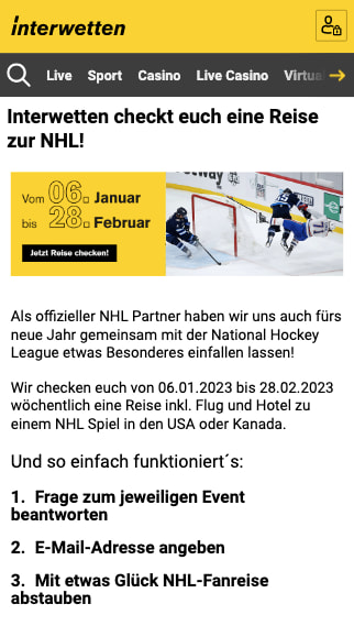 Jede Woche Reise für die NHL & Wettguthaben in der Interwetten App für Android & iPhone gewinnen