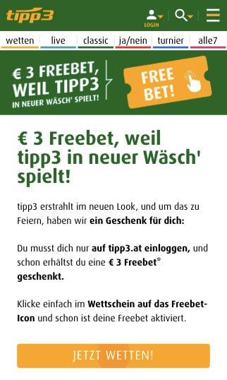 Freebet für jeden nach Login in der Tipp3 App für Android und iPhone