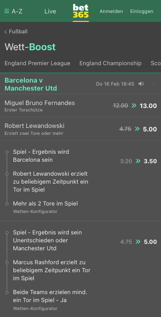 Top-Quoten mit Quotenboosts für FC Barcelona - Manchester United in der Bet365 App für Android & iPhone