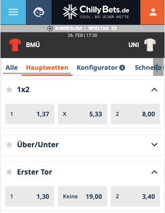 Top-Wetten & Quoten für FC Bayern - Union Berlin in der Chillybets App für Android & iPhone