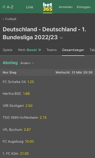 Absteiger-Wettquoten der Deutschen Bundesliga 2022/23 in der Bet365 App für Android & iPhone