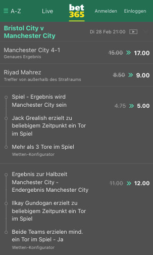 Top-Quoten mit Quotenboosts für Bristol City - Manchester City in der Bet365 App für Android &iPhone