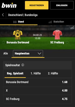 Wettquoten für Borussia Dortmund gegen SC Freiburg in der Bwin App für Android & iPhone