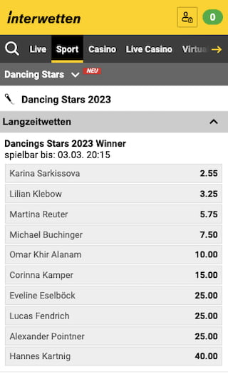 Wetten & Quoten für Dancing Stars 2023 in der Interwetten App für Android & iPhone