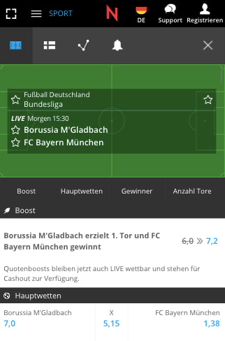 Quotenboosts und Top-Quoten für Mönchengladbach - Bayern München in der Neobet App für Android & iPhone