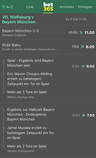 Top-Quoten mit Quotenboosts für Wolfsburg - Bayern München in der Bet365 App für Android & iPhone