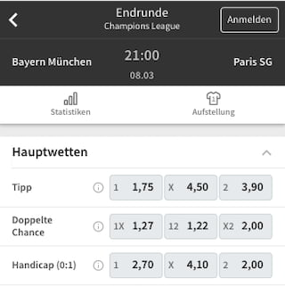 Wettquoten für FC Bayern - Paris Saint-Germain in der Tipico App für Android & iPhone