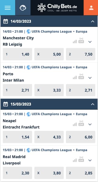 Wettquoten zum Achtelfinale der UEFA Champions League 2022/23 in der Chillybets App für Android & iPhone