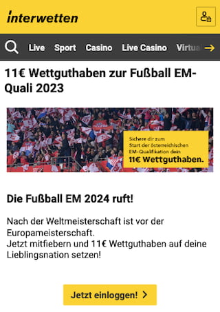 11 Euro Gratiswette zu den ersten Spielen in der EM 2024 Qualifikation in der Interwetten App für Android & iPhone