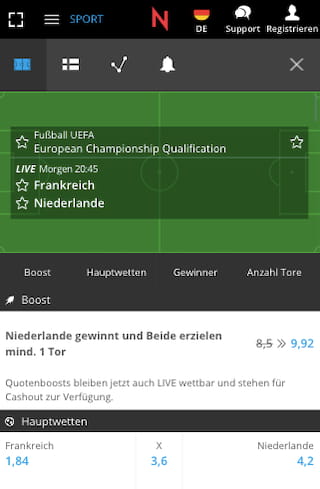 Quotenboost für Frankreich vs. Niederlande in der NEO.bet App für Android & iPhone