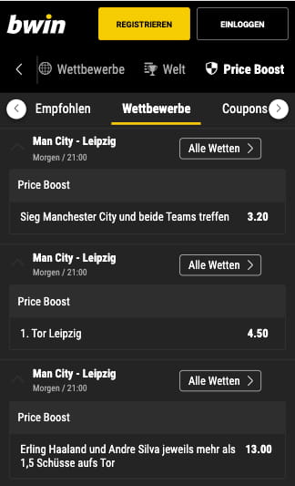 Quotenboosts für Manchester City gegen RB Leipzig in der Bwin App für Android & iPhone