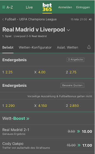 Wetten & Quoten für Real Madrid - Liverpool in der Bet365 App für Android & iPhone