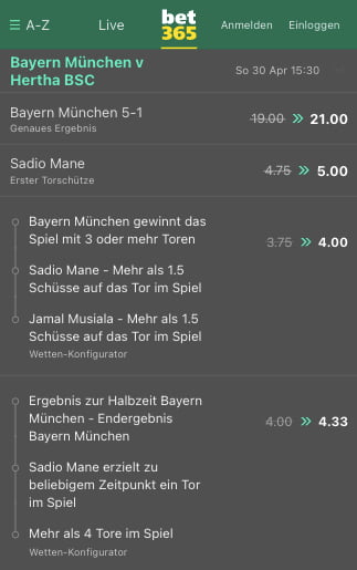 Top-Quoten mit Quotenboosts für FC Bayern - Hertha BSC in der Bet365 App für Android & iPhone