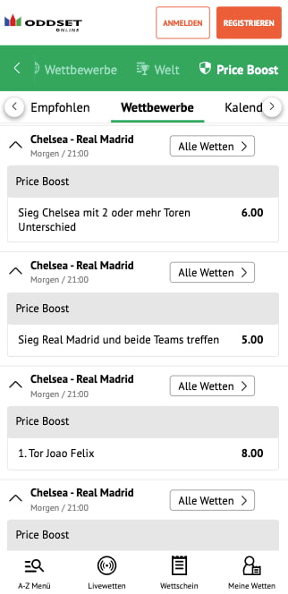 Top-Quoten mit Quotenboosts für Chelsea - Real Madrid in der ODDSET App für Android & iPhone